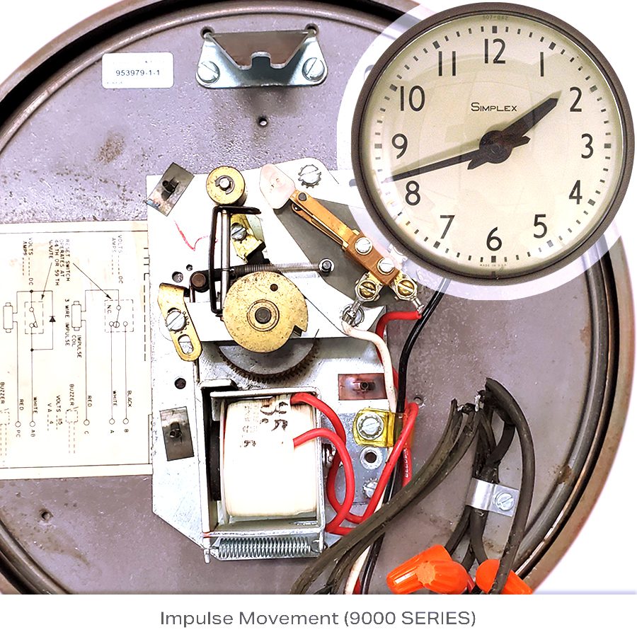 Back of Simplex 9000 series impulse clock showing movement